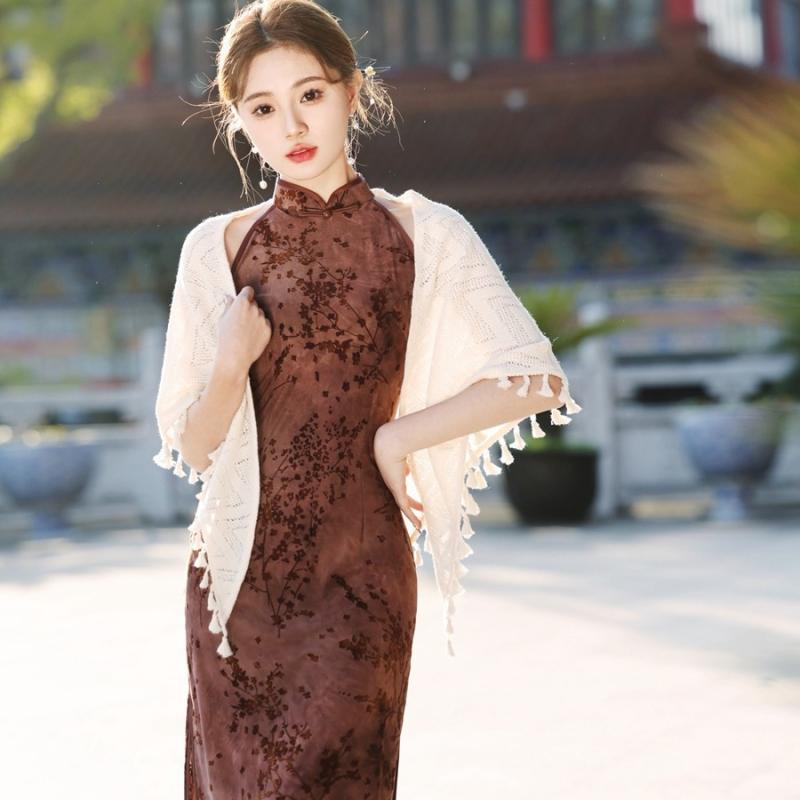 チャイナドレス レディース ホルターネック タイトシルエット ロングワンピース フロッキー加工 梅柄 ..