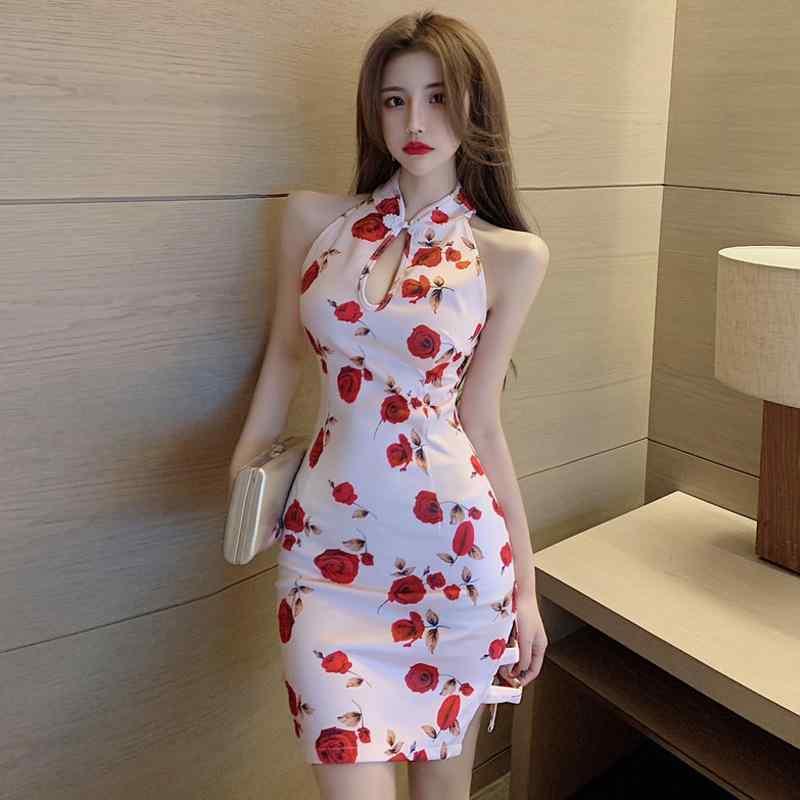 チャイナドレス レディース 女性用 ノースリーブ 花柄 透かし編み セクシー スリムフィット タイト ミニ丈 ワンピース パーティー お呼ばれ ナイトドレス ポリエステル 伸縮性 夏