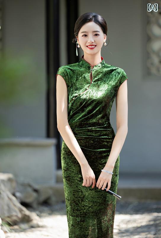 チャイナドレス レディース モダンチャイナ エレガント ドロップネック スタンドカラー 着痩せ 細見え ロング丈 伸縮性 スリムフィット ノースリーブ ベロア ワンピース レトロ グリーン 秋冬