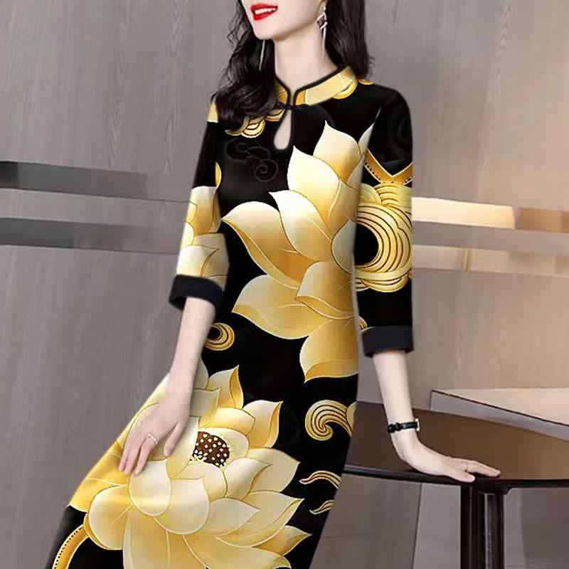 ワンピース レディース ミセス 春秋 七分袖 中国風 改良 チャイナドレス ミディ丈 ポリエステル ブラック 普段使い お呼ばれ エレガント 上品(4)