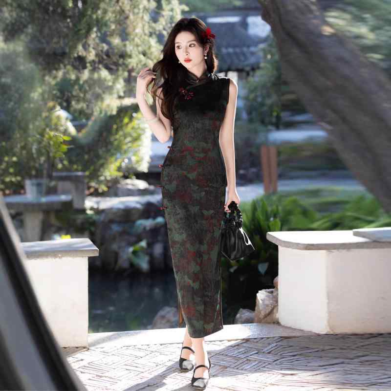 チャイナドレス レディース ロング丈 ノースリーブ スタンドカラー ウエストマーク スリット ブラック ダークグリーン ポリエステル ア..