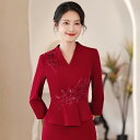 チャイナドレス レディース ママ 結婚式 披露宴 フォーマル パーティー ハイウエスト 着痩せ効果 長袖 ミディ丈 膝下丈 Vネック ポリエステル ストレッチ 秋 上品 エレガント ワインレッド