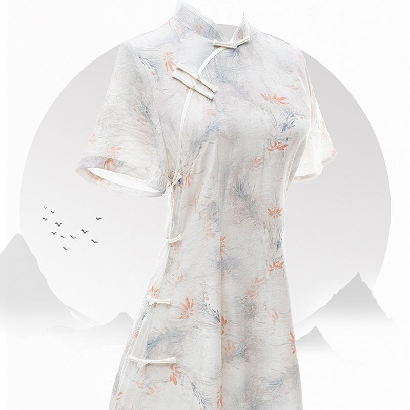 チャイナドレス ワンピース レディース 新型改良 ショート丈 スタンドカラー 斜め合わせ 3分袖 低スリット 普段使い 低身長向け 秋冬 絹麻混紡 再生繊維 アイボリー