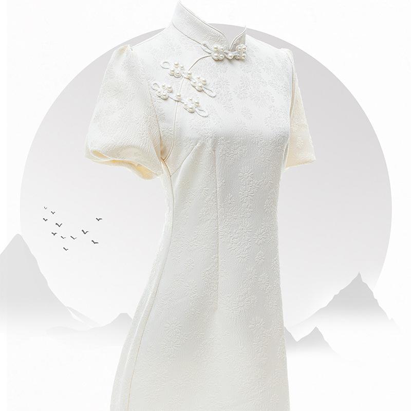 ワンピース レディース ホワイト チャイナドレス 低身長 小柄向け 上品 エレガント 清楚 さわやか ミモレ丈 改良版 レース 立襟 半袖 ストレッチ スリット 春夏 パーティ お呼ばれ デート フォーマル