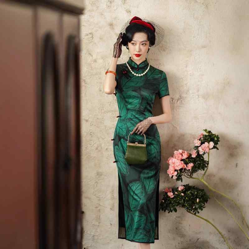ワンピース レディース 春夏 チャイナドレス 改良 レトロ 中国伝統風 高級感 桑蚕シルク グリーン スタンドカラー 半袖 ロング丈 サイドスリット 伸縮性 普段使い イベント