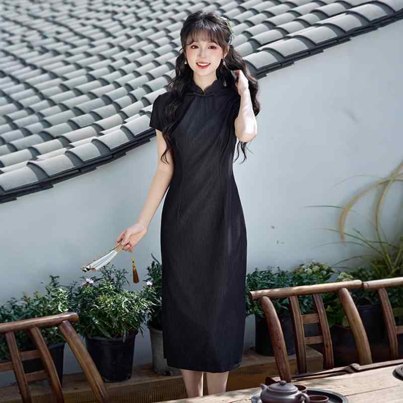 チャイナドレス レディース 女性用 春夏 接触冷感 改良型 おしゃれ オールド上海 レトロ 文芸風 アオザイ風 ロング丈 スタンドカラー 斜め襟 五分袖 ポリエステル 微ストレッチ 普段使い パーティードレス