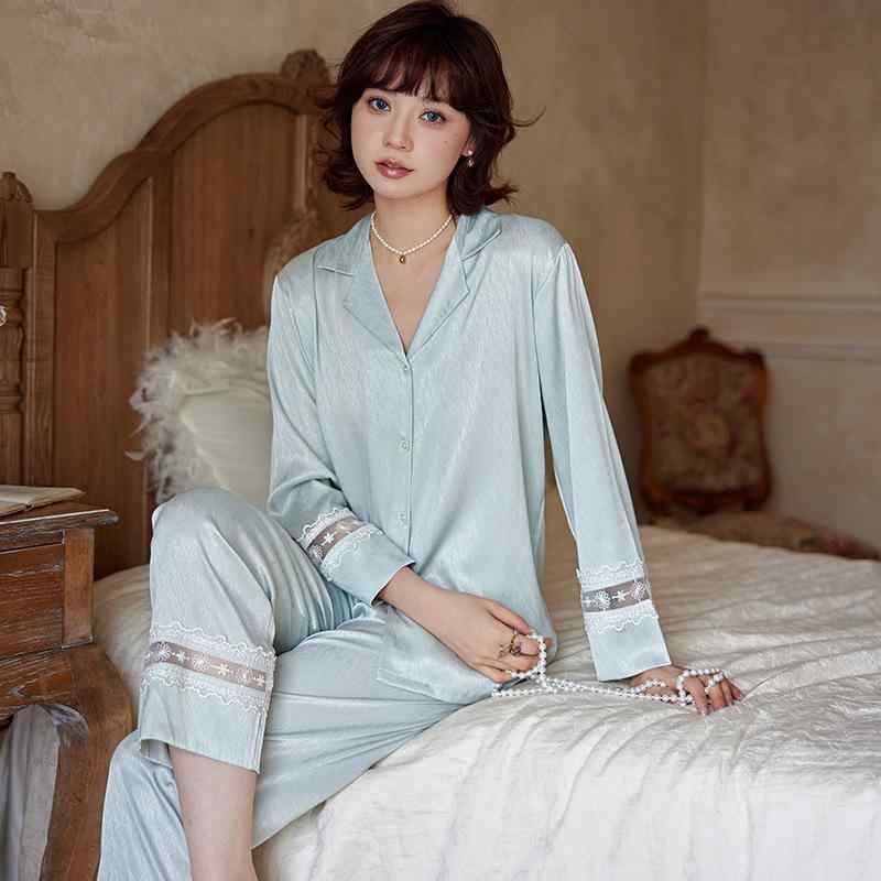 ルームウェア レディース 高級感 エレガント 襟付き ジャカード ヘリンボーン柄 宮廷風 長袖 ロングパンツ 上下セット 薄手 快適 ポリエステル パジャマ ナイトウェア 部屋着 秋 ラベンダー クリーム ニュアンスグリーン