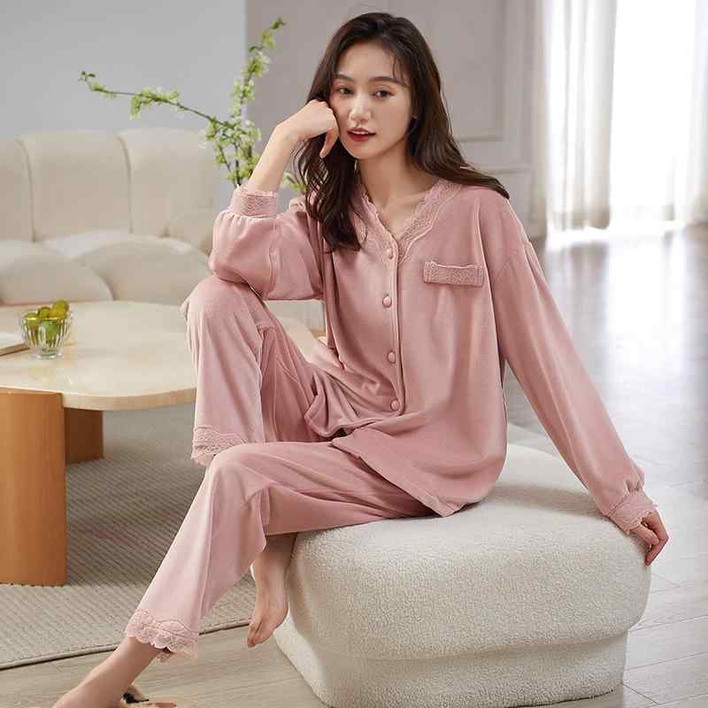 ルームウェア レディース 女性用 秋冬 極厚 厚手 保温 あったか 長袖 長ズボン 海島フリース サンゴフリース ふわふわ Vネック セットアップ 上下セット パジャマ 部屋着 おうち時間 快適 リラックス ピンク系