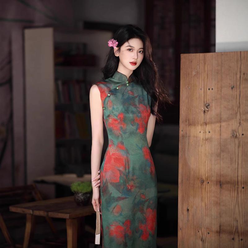 チャイナドレス レディース 女性用 ノースリーブ 上海レトロ モダン スリムフィット 体型カバー 普段使い デイリーユース ロング丈 ス..