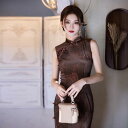 ワンピース レディース レトロ ベロア ノースリーブ チャイナドレス 改良 モダンチャイナ 普段使い ロング丈 スタンドカラー エレガント 伸縮性 ブラウン 春夏