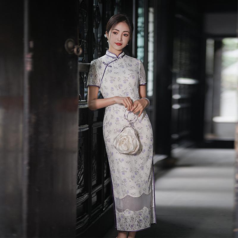 ワンピース レディース 白 レース ロング丈 レトロ 改良チャイナドレス 新中華風 着痩せ スタイルアップ ポリエステル スタンドカラー 半袖 ハイウエストスリット 立体裁断 レトロモダン