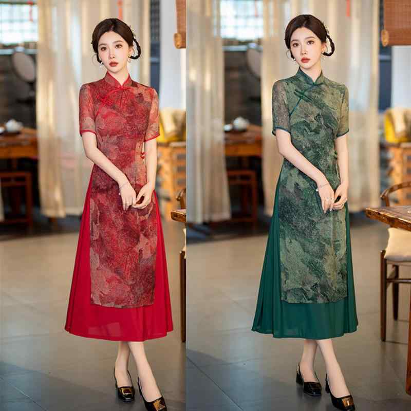 チャイナドレス レディース ジョーゼット ポリエステル ロング丈 半袖 伸縮性 スタンドカラー 斜め襟 民族風 改良型 アオザイ風 エレガント 上品 フォーマルドレス セレモニー 結婚式 パーティー 披露宴 春夏 緑 赤