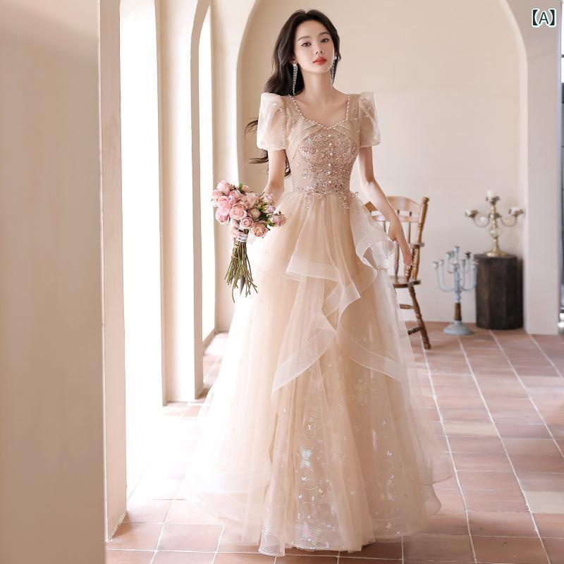 ロングドレス レディース フレンチスタイル イブニングドレス プリンセスライン 成人式 発表会 演奏会 宴会 パーティー 結婚式 二次会 深Vネック ベルスリーブ ロングトレーン シアー チュール シフォン エレガント シャンパンカラー 春夏