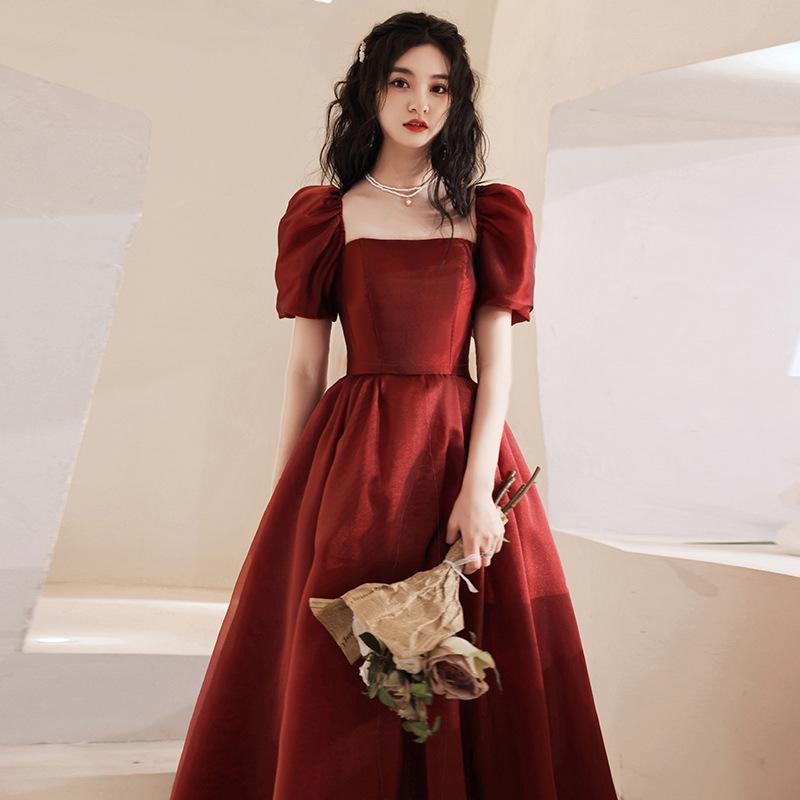 ロングドレス レディース マタニティ 小柄 花嫁 ウェディング イブニング ワインレッド 赤 Aライン ハイウエスト 七分袖 フレア袖 結婚式 披露宴 パーティー フォーマル プリンセスライン ポリエステル