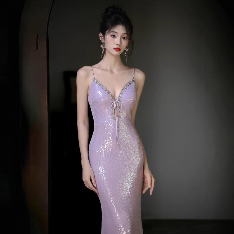 ドレス レディース ライトパープル 光沢感 イブニングドレス キャミソール スリムフィット マーメイド..
