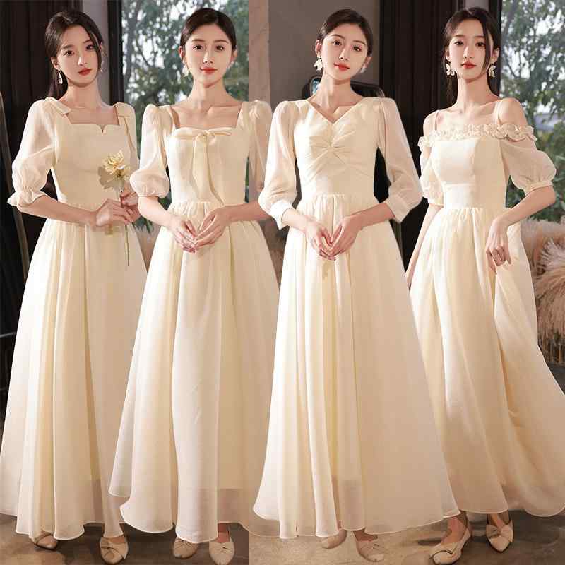 ドレス レディース シャンパンカラー ブライズメイドドレス 結婚式 二次会 披露宴 お呼ばれ パーティー フォーマル 春夏 長袖 ロング丈 マキシ丈 Aライン ハイウエスト エレガント 優雅 着痩せ スタイルアップ 個性的