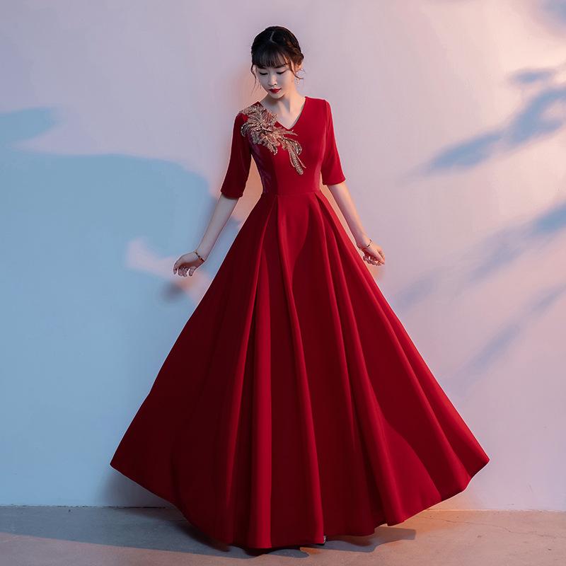 ロングドレス レディース 女性用 中高年向け 合唱 演奏会 発表会 宴会 パーティー 司会 指揮者 フォーマルドレス 半袖 Vネック ハイウエスト Aライン エレガント 上品 華やか マキシ丈