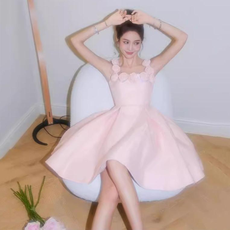 ドレス レディース ピンク ショート丈 ミニドレス キャミソールワンピース Aライン デート リゾート 普段使い エレガント 上品 秋冬 ローズ柄 フォーマル パーティー