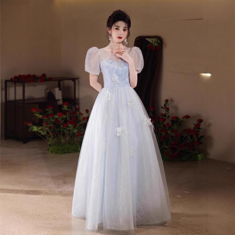 礼服 レディース ライトブルー イブニングドレス エレガント 高級感 ポリエステル Uネック ショートスリーブ Aライン ロング丈 3D柄 宴会 パーティー 結婚式 成人式 発表会 演奏会 司会 ワンピース