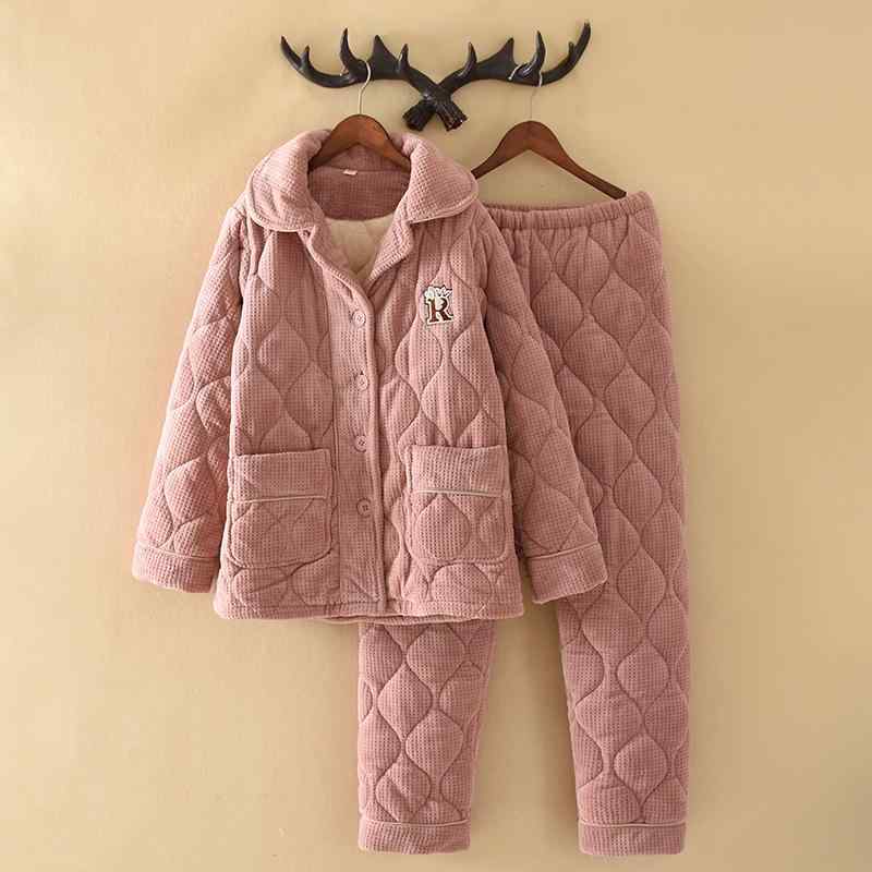 ルームウェア レディース ペア ピンク フランネル フリース パジャマ 秋冬 三層構造 厚手 裏ボア 中綿入り もこもこ 保温 上下セット 部屋着 おうち時間 シンプル ポリエステル