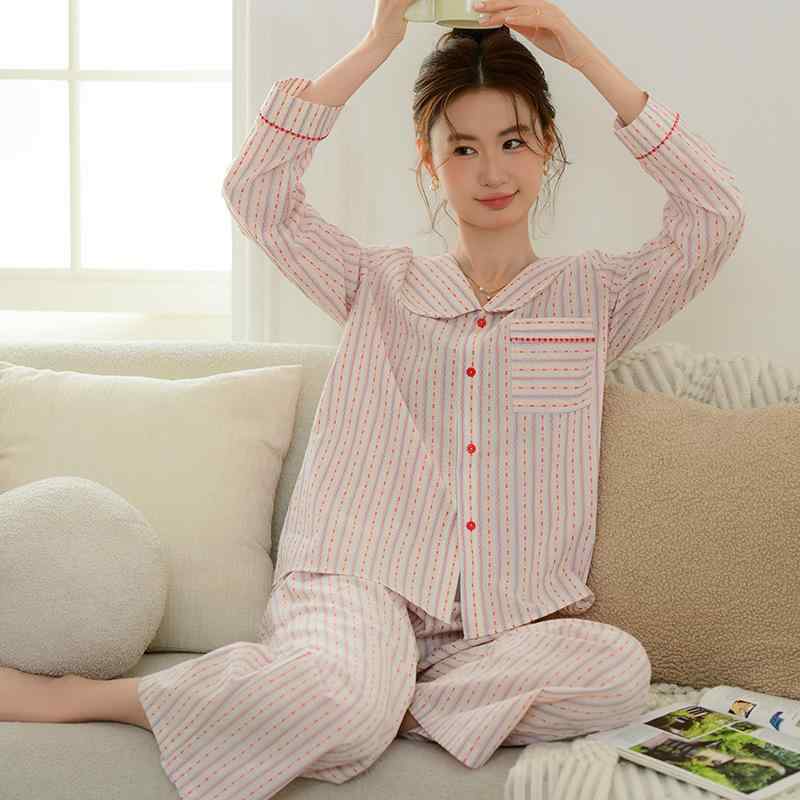 楽天way-ugoパジャマ ルームウェア レディース 女性用 フレンチスタイル ストライプ柄 高級感 薄手 綿 コットン 100％ 長袖 長パンツ セットアップ 部屋着 寝巻き 普段使い ワンマイルウェア 快適 リラックス 春夏