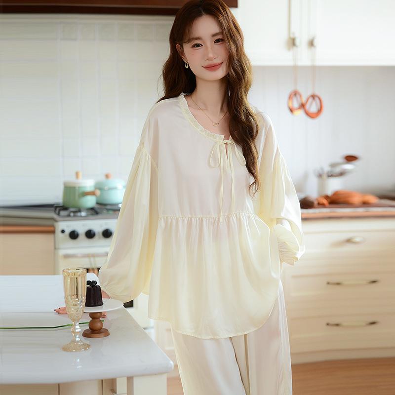 ルームウェア レディース フレンチスタイル ラウンドネック 接触冷感 薄手 長袖 ロングパンツ 上下セット 高級感 アイボリー ポリエステル 秋冬 部屋着 パジャマ ワンマイルウェア