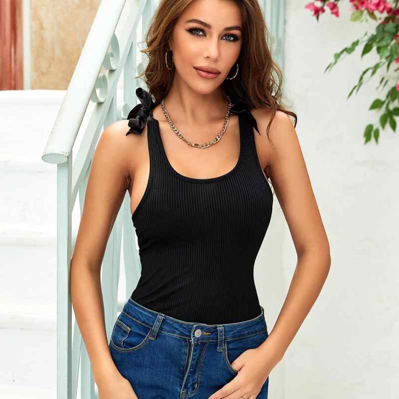 キャミソール レディース 女性用 黒 ブラック Uネック リブ編み スリムフィット セクシー タンクトップ..