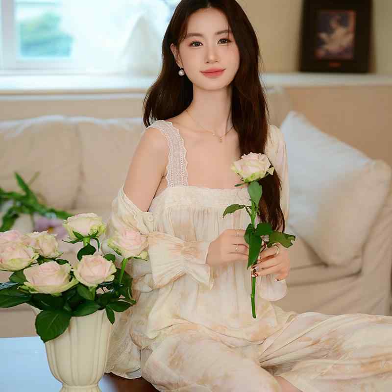 パジャマ レディース フレンチ ロマンティック 3点セット スリーピース ゆったり 長袖 ロングパンツ カーディガン プリント 花柄 織り綿 コットン 再生繊維 薄手 ルームウェア 部屋着 秋 快適