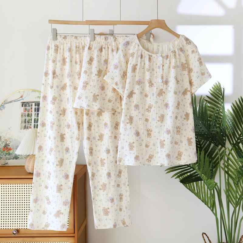 パジャマ レディース 春夏 大きいサイズ 3点セット 半袖 ロングパンツ 綿100% コットン ゆったりサイズ 薄手 クルーネック 快適 通気性 ルームウェア 部屋着 かわいい ベージュ