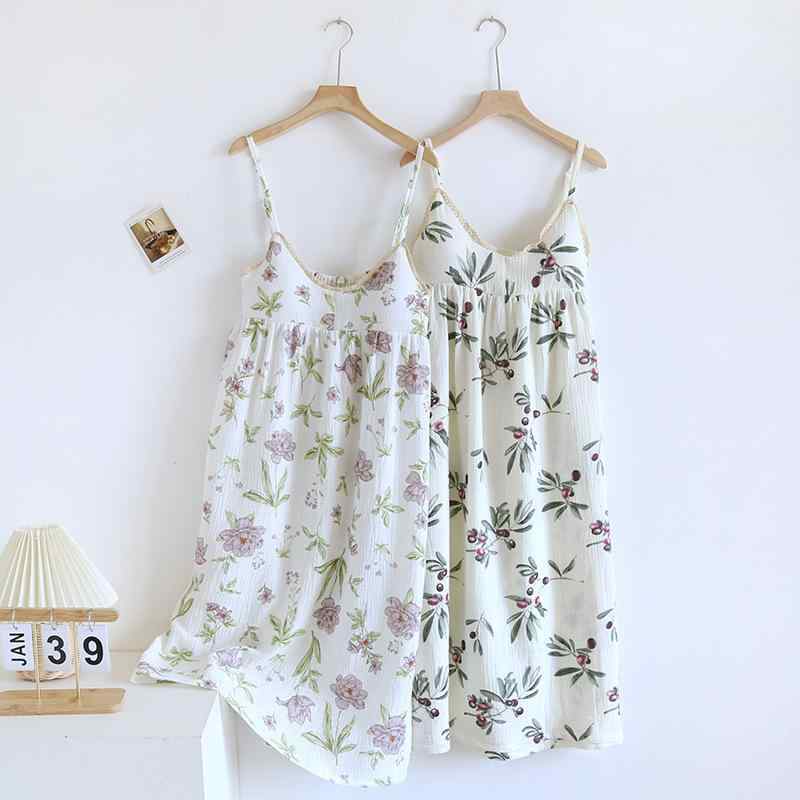 パジャマ レディース 女性用 春夏 キャミソール カップ付き ワンピース 純綿 コットン クレープ生地 薄手 通気性 ルームウェア ネグリジェ ナイトウェア ホームウェア お風呂上り ミモレ丈 紫系 フェミニン かわいい リラックス 部屋着