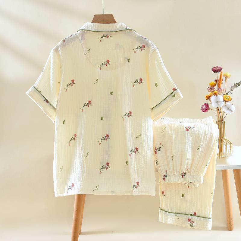 パジャマ レディース 春夏 薄手 軽量 純綿 コットン ダブルガーゼ 半袖 ロングパンツ 大きいサイズ ゆったり 襟付き かわいい 快適 通気性 ルームウェア ...