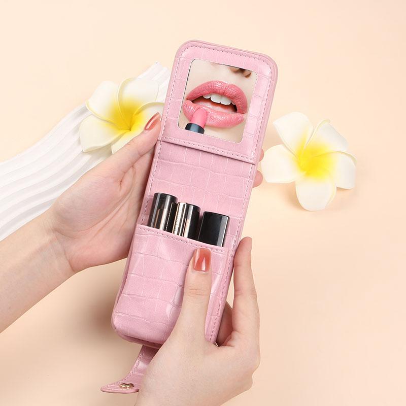 ポーチ PUレザー クロコダイル柄 韓国 リップケース ミニ 携帯用 メイク直し ミラー付き 普段使い デイリー シンプル スクエア型 小物入れ 化粧ポーチ コスメポーチ フラップ式 やや柔らかめ トラベル ブラック ピンク 縦型