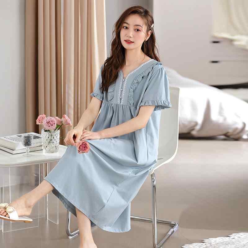 ワンピース レディース 女性用 プリンセス風 フェミニン 薄手 綿 コットン 接触冷感 ルームウェア パジャマ ネグリジェ Vネック レース 半袖 ミディ丈 カジュアル お出かけ 普段使い 部屋着 春夏 快適