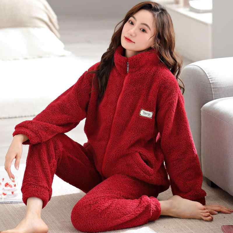 ルームウェア レディース サンゴマイヤー ポリエステル 厚手 保温 ジップアップ ハイネック 長袖 長ズボン 上下セット パジャマ 秋冬 部屋着 もこもこ 暖かい 快適 ワンマイルウェア