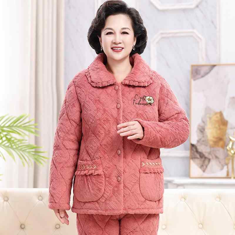 ルームウェア レディース 中高年向け 冬用 厚手 フランネル 中綿入り 裏起毛 保温 クローバー柄 上下セット パジャマ ミセス 襟付き 長袖 長ズボン 快適 抗菌 部屋着 おうち時間 カジュアル