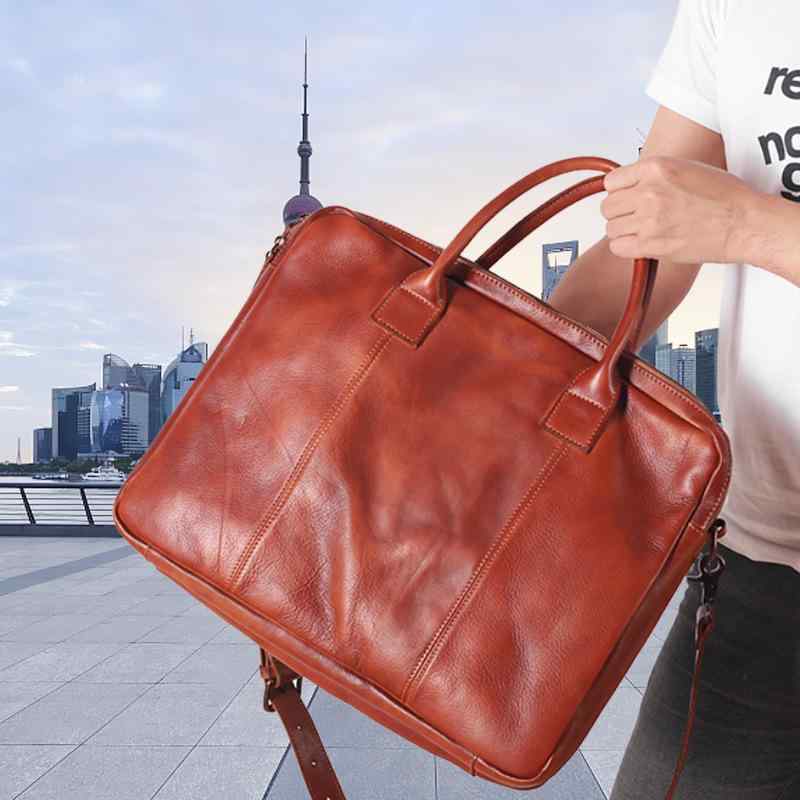 ビジネスバッグ メンズ ブリーフケース 本革 牛革 レトロ 植物タンニン鞣し 手提げ ショルダーバッグ 斜め掛け 多機能 多収納 PC収納 15.6インチ対応 通勤 出張 丈夫