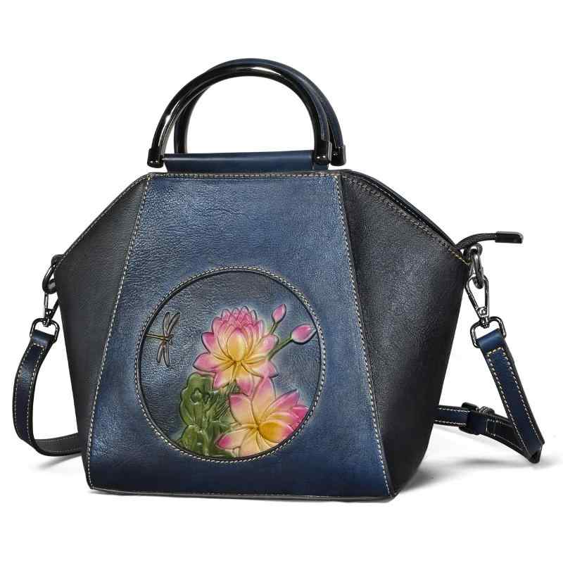 バッグ レディース 女性用 本革 牛革 欧米風 レトロ ヴィンテージ ライチ柄 シボ加工 花柄 水餃子型 ハ..