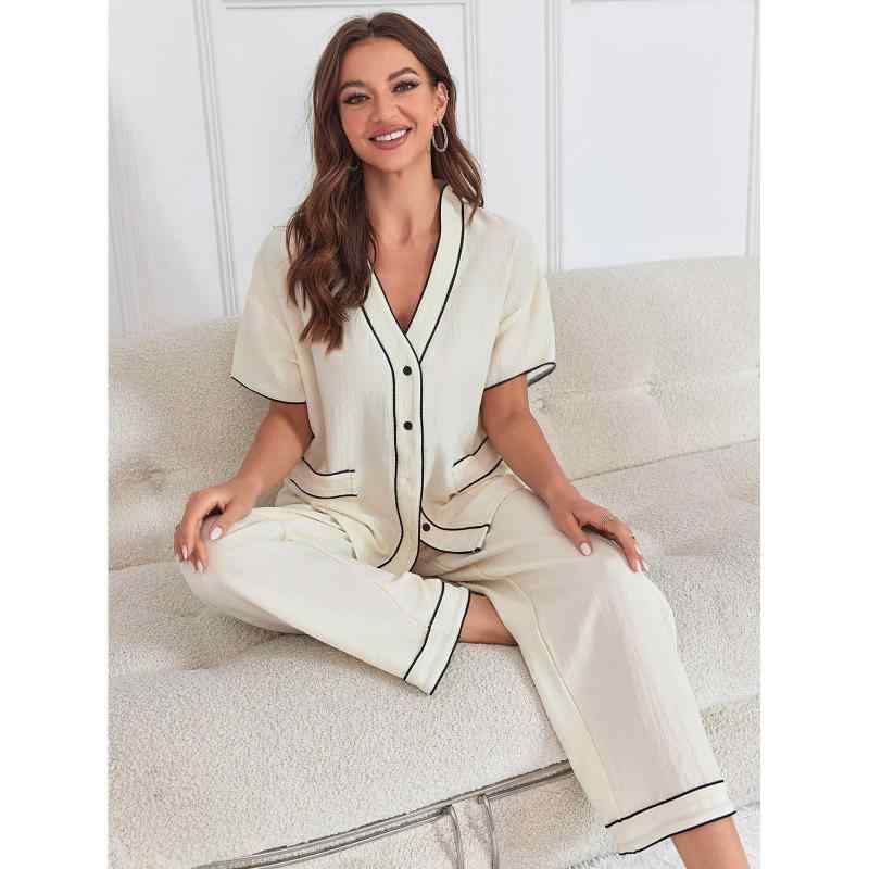 パジャマ レディース 春夏 サッカー生地 薄手 半袖 ロングパンツ Vネック 開襟 ルームウェア セットアップ 部屋着 ワンマイルウェア ポリエステル 快適 通気性 涼しい 欧米風