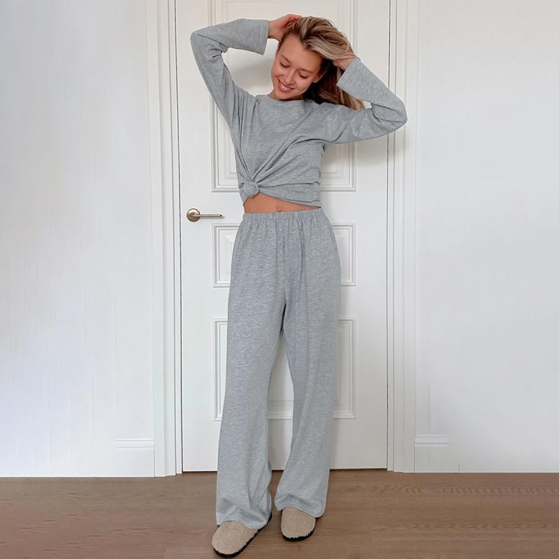 パジャマ レディース 女性用 グレー 長袖 ロングパンツ セットアップ ニット ナイトウェア ルームウェア 欧米風 カジュアル 部屋着 普段使い 快適 ポリエステル 通気性 伸縮性 保温