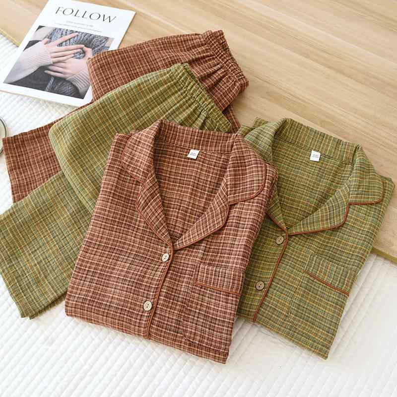 パジャマ レディース 綿100% コットン ダブルガーゼ 二重ガーゼ やわらか 肌触り抜群 薄手 ゆったり 襟付き 長袖 長ズボン ルームウェア 部屋着 上下セット 春夏 シンプル カジュアル 快適 ナイトウェア