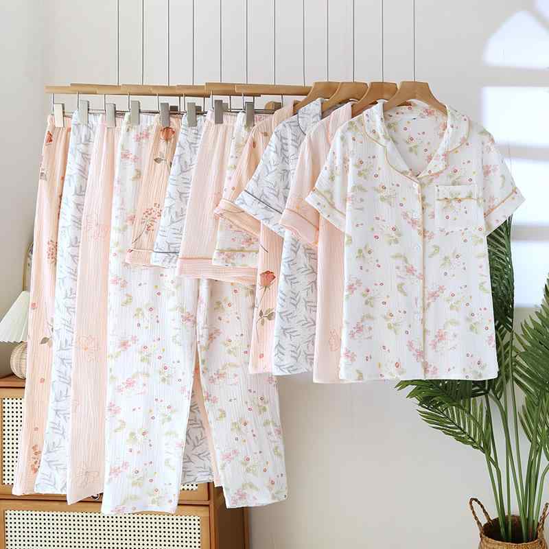 パジャマ レディース 春夏 綿100% ガーゼ 薄手 ゆったり 半袖 ショートパンツ ロングパンツ 3点セット 上下セット 襟付き ルームウェア 部屋着 快適 涼しい 通気性 ナイトウェア かわいい