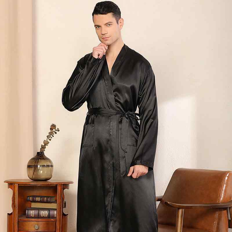 ガウン メンズ 男性 和服 羽織り 無地 長袖 フェイクシルク サテン 光沢 ポリエステル 薄手 軽量 超薄手 ルームウェア 部屋着 バスローブ 寝間着 パジャマ 春秋 シンプル カジュアル