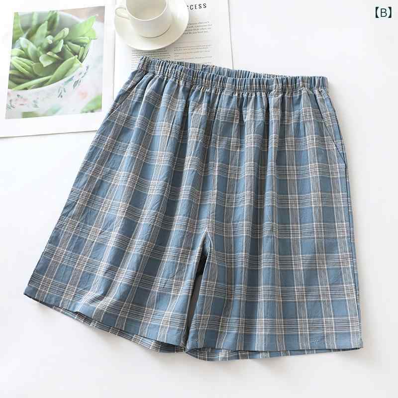 ショートパンツ メンズ 男性用 和風 日系 チェック柄 綿100% ガーゼ 薄手 軽量 春夏 ゆったり リラックス 部屋着 ルームウェア パジャマ 膝丈 ハーフパンツ 通気性 涼しい カジュアル ワンマイルウェア