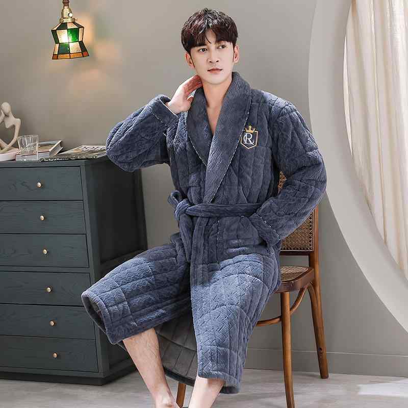 バスローブ メンズ 男性用 秋冬 冬用 サンゴフリース ポリエステル 三層構造 中綿入り 極厚 厚手 ロング丈 長袖 大きいサイズ ゆったり 部屋着 ルームウェア パジャマ ホテル 温泉 入浴後 保温 防寒 あったか