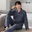 パジャマ メンズ 男性用 秋冬 綿100% 厚手 中綿入り キルティング チェック柄 長袖 長ズボン 襟付き ゆ..