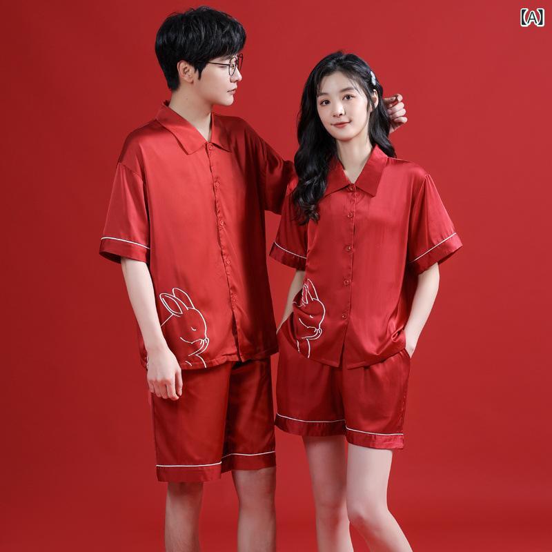 パジャマ ルームウェア 新婚夫婦 ペア ウェディング 女性用 男性用 高級感 接触冷感 薄手 Vネック 長袖 ショートパンツ セットアップ カジュアル リラックス 春夏 レッド 赤