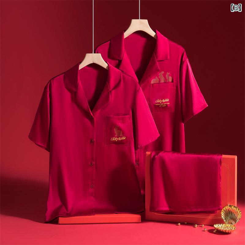 パジャマ ルームウェア 新婚夫婦 ペア ウェディング 女性用 男性用 高級感 接触冷感 薄手 Vネック 長袖 ショートパンツ セットアップ カジュアル リラックス 春夏 レッド 赤