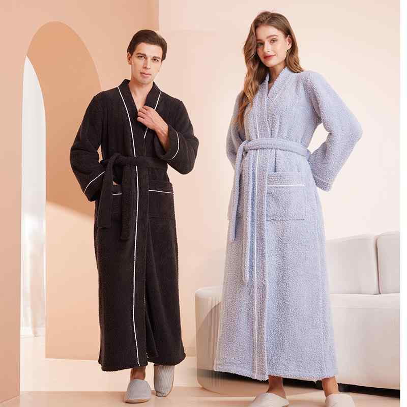 バスローブ 男女兼用 カップル ペア 極厚 裏起毛 もこもこ フリース素材 ロング丈 冬用 ルームウェア ..