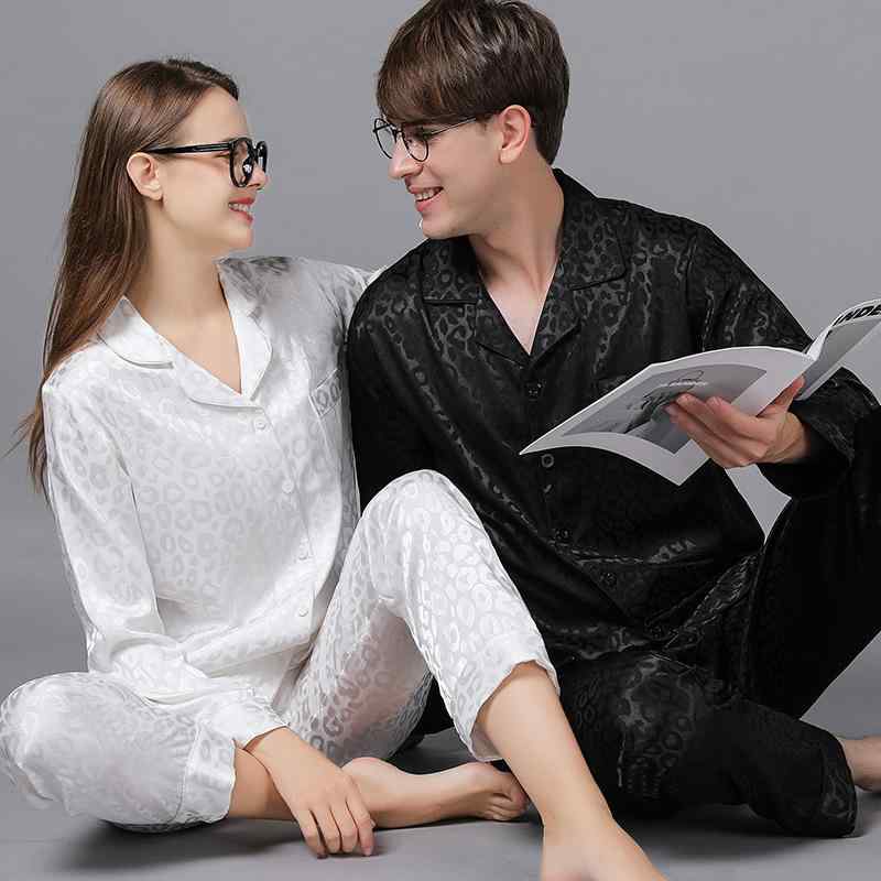パジャマ カップル ペア 男女兼用 秋冬 ポリエステル 接触冷感 薄手 長袖 Vネック ヒョウ柄 ジャガード..