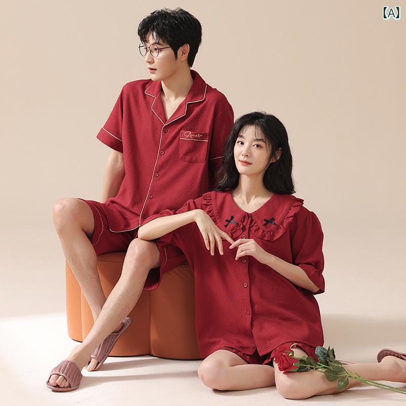 パジャマ 男女兼用 カップル ペアルック 大きいサイズ プラスサイズ ルームウェア 綿 コットン 薄手 半袖 ショートパンツ 2点セット 上下セット レッド 赤 結婚祝い ハネムーン 部屋着 リラックス 快適 通気性 伸縮性 夏用